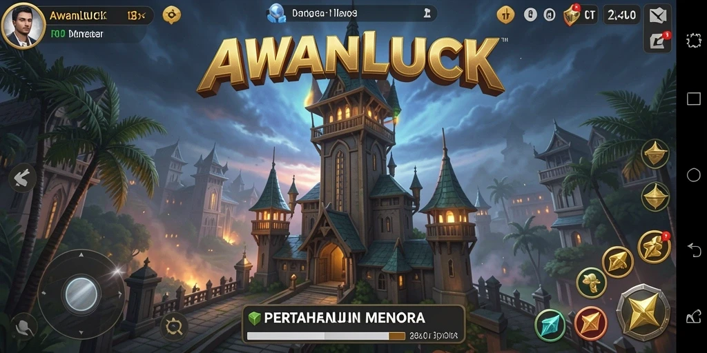 Tampilan gameplay seru dalam AWANLUCK dengan menara yang berfungsi melawan musuh.