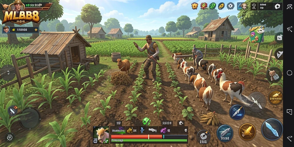 Screenshot gameplay MLBB8 menampilkan aktivitas pertanian yang seru.
