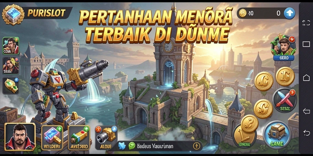 Tangkapan layar menunjukkan menara yang menghalau musuh dalam game Tower Defense.