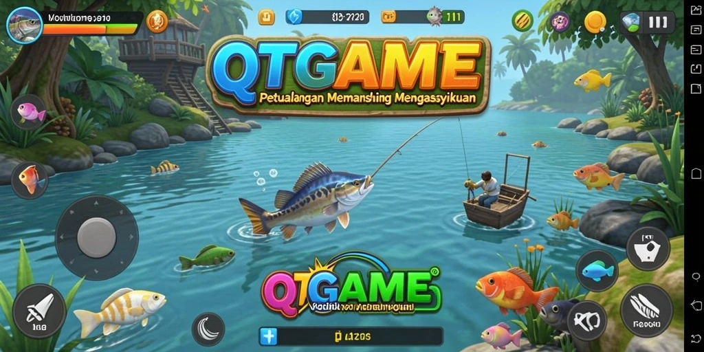 Menampilkan gameplay QTGAME dengan aktivitas memancing yang seru.